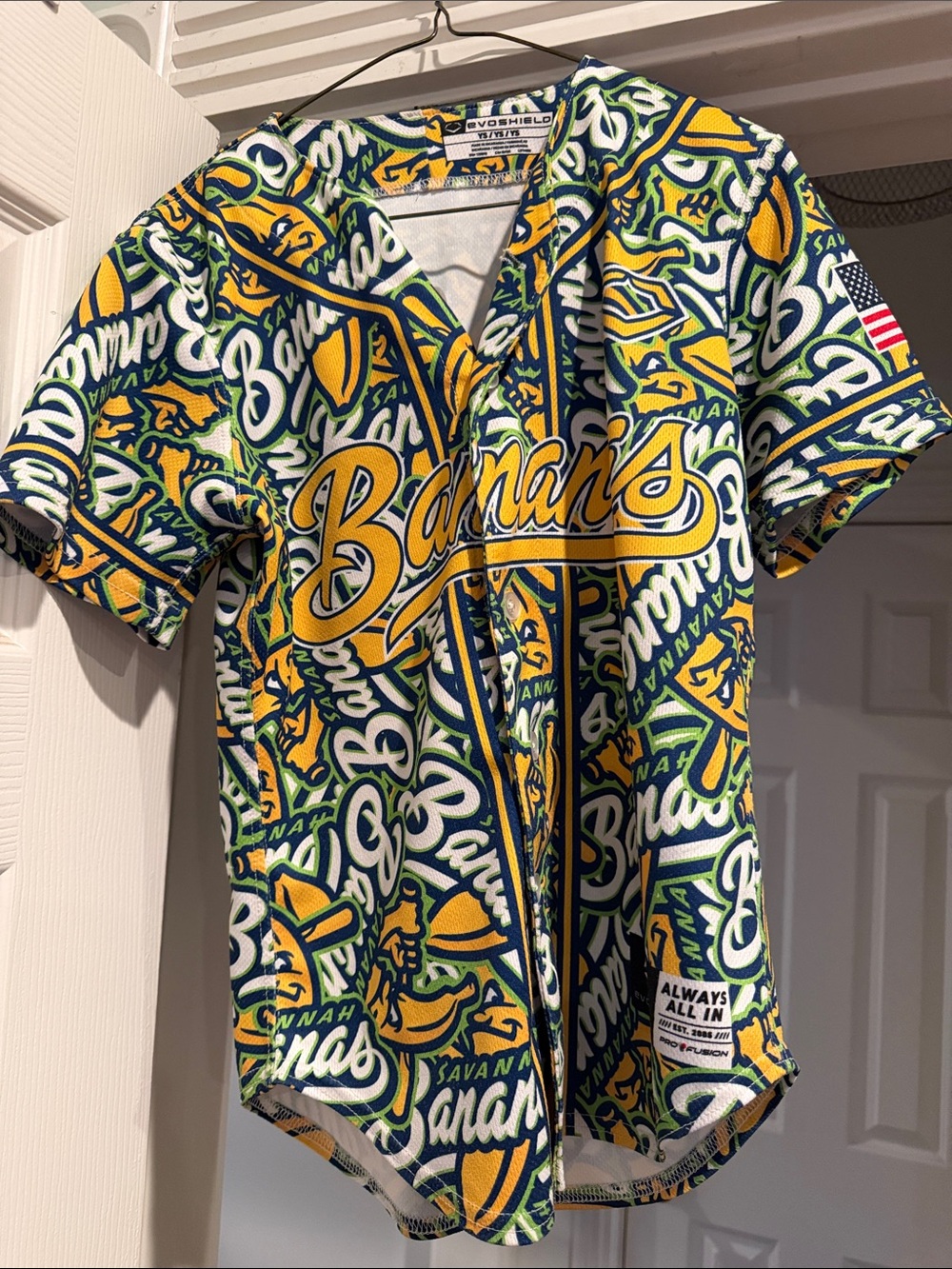 Savannah Bananas Kids Zip-Front Baseball Jersey in Yellow, Green & Navy
